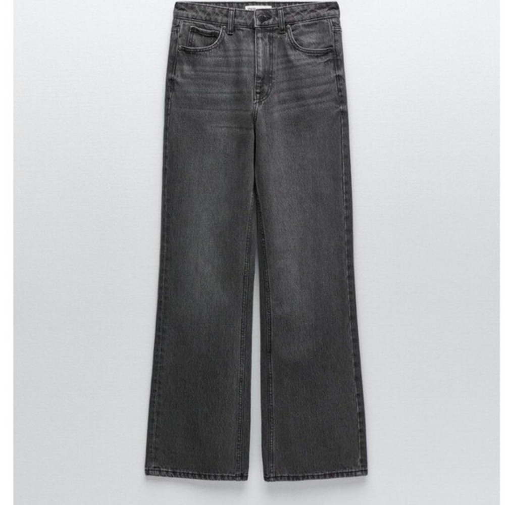 Zara Womens High Waisted Wide Leg Jeans Charcoal Grey Faded Black Denim Size 12